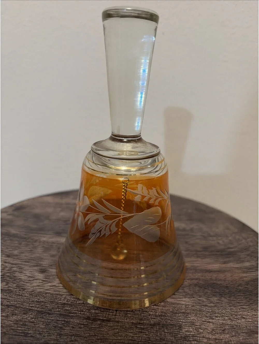 VINTAGE SAPSKA FABRIKA STAKLA PARACIN GLASS BELL CRYSTAL ETCH FLORAL YELLOW,GOLD